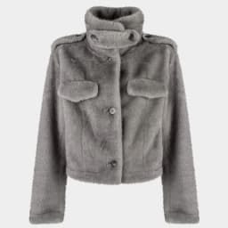 IG Women Brown & Grey Stand Collar Epaulet Flap Pocket Single Breasted Cropped Jacket, Elastic Hem, Winter Warm Vintage Casual