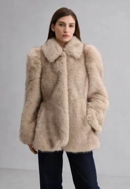 IG Women Wide Lapel Cinched Waist Faux Fur Coat, Peplum Hem Mid-Length Fluffy Jacket, Side Pockets Winter Warm Beige Casual Oute