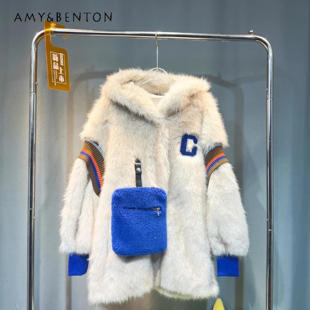 European Style Overcoats 2023 Winter New Embroidered Mink Hooded Faux Fur Women's Fashion Fur One Fur Warm Large Pocket Fur Coat