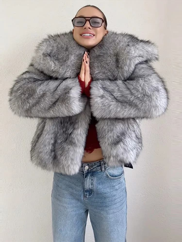 Faux Women's Fur Coat Turn-Down Collar Long Sleeve Elastic Cuff Plush Fluffy Female Fur Coat Fashion Autumn Loose Fur For Ladies