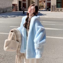 Women Blue Hooded Coat Autumn Winter Faux Fur Jacket Loose Fit Warm Thickened Mid-Length Coat