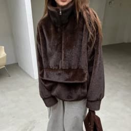 LANMREM Women Faux Mink Fur Half Zip Sweatshirt Stand Neck Kangaroo Pocket Loose Long Sleeve Warm Plush Pullover Top 2DB8857