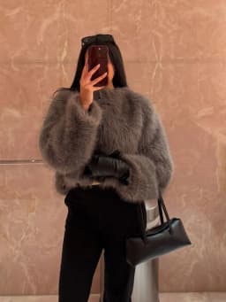 Chic Grey Fluffy Faux Fur Jacket Women Elegant O Neck Long Sleeves Cropped Coats Autumn Winter Lady High Street Outwears