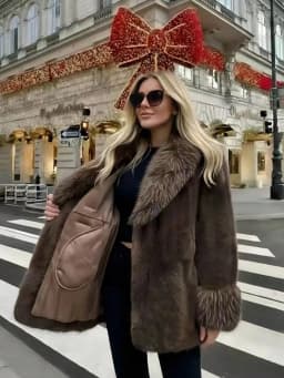 Women Winter Faux Fur Coat Fluffy Big Fur Collar Cuff Belted Brown 2026 New Elegant Old Money Luxury Outerwear