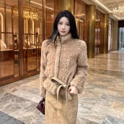 Autumn Winter Women Vintage Stand Collar Covered Buttons Faux Fur Coat Tie Bow Faux Leather Sashes Long Sleeve Warm Outerwear