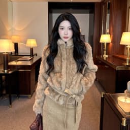 Autumn Winter Women Vintage Stand Collar Covered Buttons Faux Fur Coat Tie Bow Faux Leather Sashes Long Sleeve Warm Outerwear