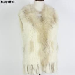 Harppihop Free shipping womens natural real rabbit fur vest with raccoon fur collar waistcoat/jackets rex rabbit knitted winte