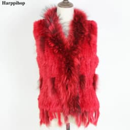 Harppihop Free shipping womens natural real rabbit fur vest with raccoon fur collar waistcoat/jackets rex rabbit knitted winte