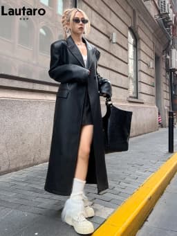 Lautaro Spring Autumn Extra Long Black Loose Pu Leather Trench Coat for Women Shoulder Pads Double Breasted Faux Leather Blazer