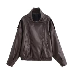 HH 2026 Women Trend Pu Leather Black Coats Stand Collar Long Sleeve Zipper Jacket Woman Fashion Vintage High Street Pu Jackets
