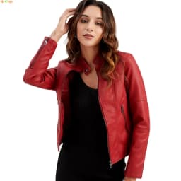 Women's Red PU Jacket, Vertical Collar Zipper Motorcycle Leather Coats, Fashion Casual Coat Female Outerwear, Black Purple Top.