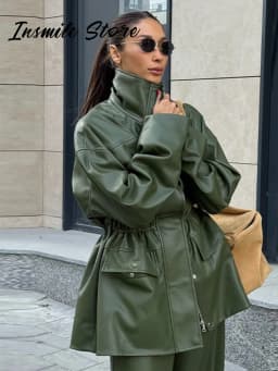 Street Waist Cinched Women's Leather Jacket Vintage Drawstring Stand Neck Zipper Pocket Jackets 2026 Autumn Moto Biker Outwear