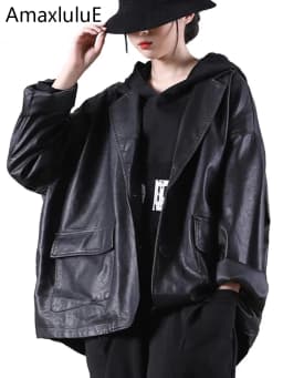 Amax luluE 2025 Autumn England Designer Womens Black Faux Leather Jackets Loose Casual Biker Coat Females Harajuku Pu Streetwear