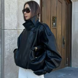 HXAO Black Jacket Women's Coat Faux Leather Jacket Outerwears Demi-Season Bomber Moto Biker Zipper Jacket High Neck Short Coat