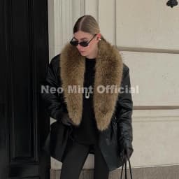 Neo Mint Luxury Brand Fashion Design Black Long Faux Leather Coat Women Detachable Fur Collar Oversized PU Leather Jacket Blazer