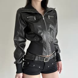 Short Fit-waist PU Jacket in Spring Autumn Motorcycle Style Retro Style Spliced Versatile Outerwear for Fashion-forward Women