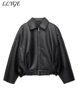 Street Women's Belt Leather Jackets Loose Lapel Zipper Long Sleeve Pockets Female Coats 2026 Autumn Lady Fashion Y2k Outwear