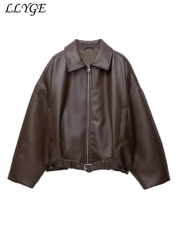 Street Women's Belt Leather Jackets Loose Lapel Zipper Long Sleeve Pockets Female Coats 2026 Autumn Lady Fashion Y2k Outwear