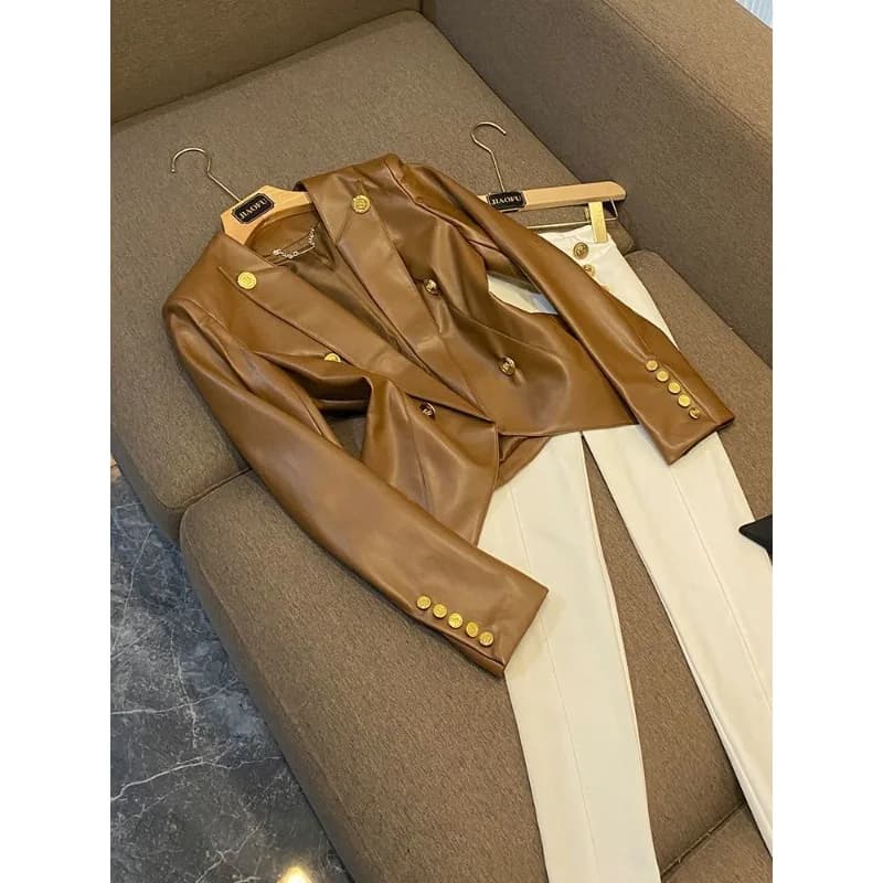 trendy Women's Clothing Faux Leather Coat Black Metal Double-breasted Slim No-wash Leather Suit Top Jacket Coat Women Jackets