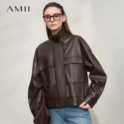 Amii Coat for Woman 2025 Autumn New Retro Modern Lapel Leather Jacket Women's Loose Long Sleeve Women's Leather Jacket 12543111