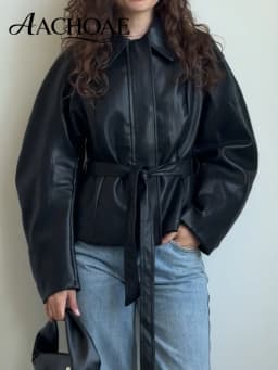 AACHOAE Women Faux Leather Jacket Belted Waist Oversized Moto Jacket Long Sleeve PU Leather Coat Casual Spring Autumn Outerwear