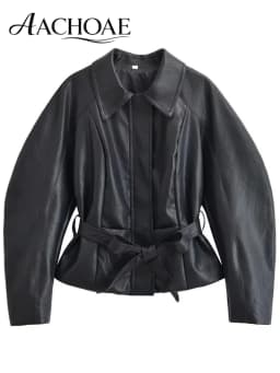 AACHOAE Women Faux Leather Jacket Belted Waist Oversized Moto Jacket Long Sleeve PU Leather Coat Casual Spring Autumn Outerwear