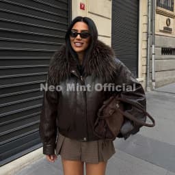 Neo Mint Exclusive Faux Raccoon Fur Collar Brown PU Leather Jacket Women 2026 Winter Warm Windproof Insulation Faux Leather Coat