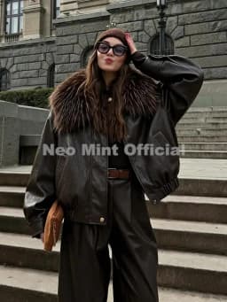 Neo Mint Exclusive Faux Raccoon Fur Collar Brown PU Leather Jacket Women 2026 Winter Warm Windproof Insulation Faux Leather Coat