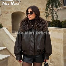 Neo Mint Exclusive Faux Raccoon Fur Collar Brown PU Leather Jacket Women 2026 Winter Warm Windproof Insulation Faux Leather Coat