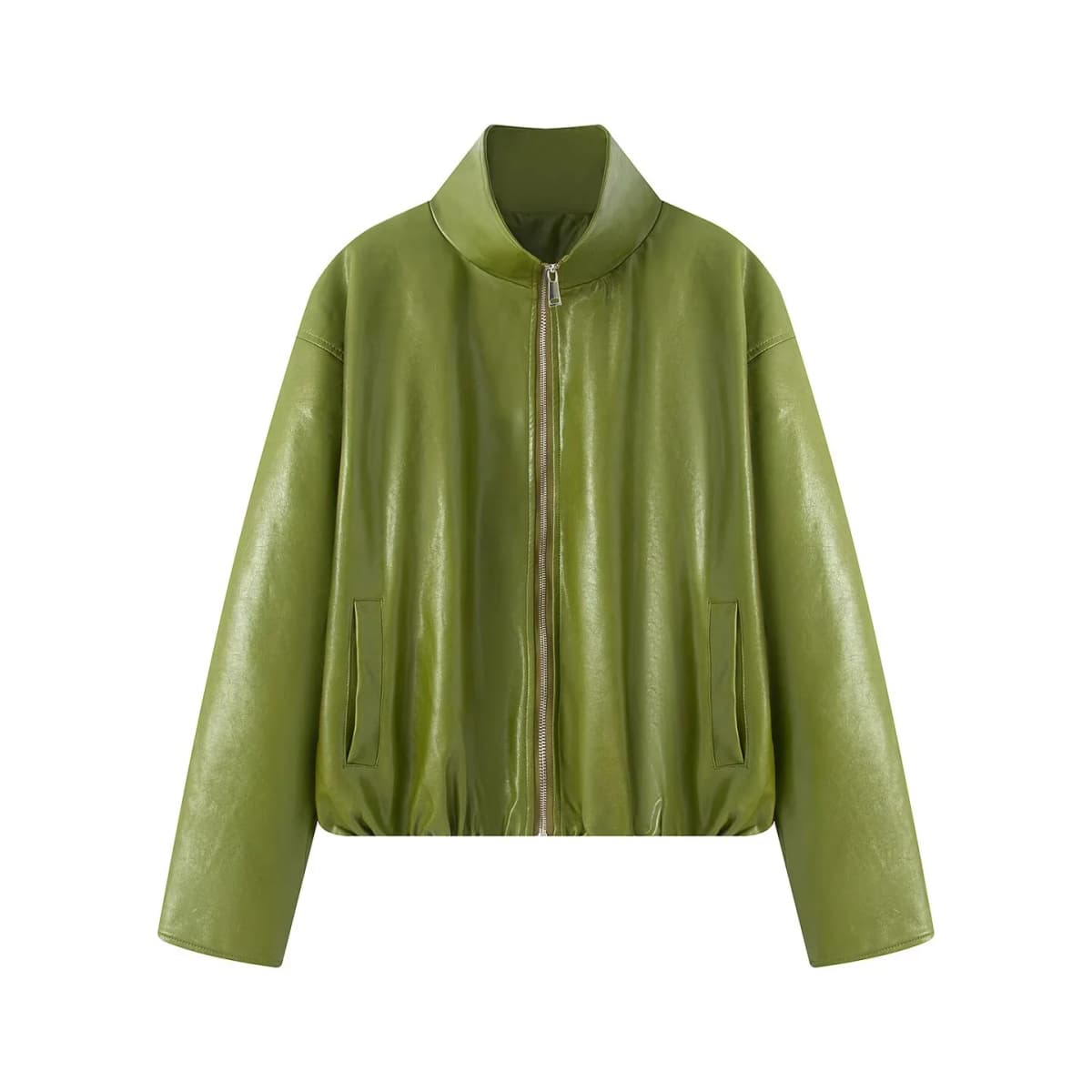 Green PU leather jacket women's autumn 2025 new item small and short motorcycle jacket top