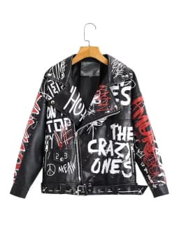 2025 Women Autumn Winter Faux Soft Leather Jackets Coats Lady White Black PU Rivet Zipper Epaulet 3D Print Motorcycle Streetwear