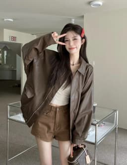 Retro American Brown Leather Jacket Women Early Autumn Black Cool Motorcycle PU Leather Loose Long Sleeve Top