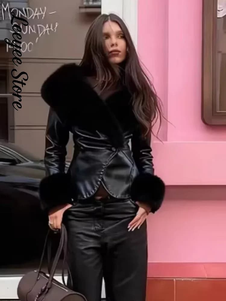 Black Fur Collar Leather Jacket Women Chic Solid Full Sleeves Waist Cinching V-neck Short Coat 2026 Lady High Street Outerwear