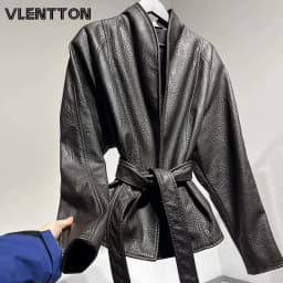 High Quality Women Brown Faux Leather Jacket With Belted Blazer Coat Textured Peplum Waist Casual Outerwear Autumn Winter