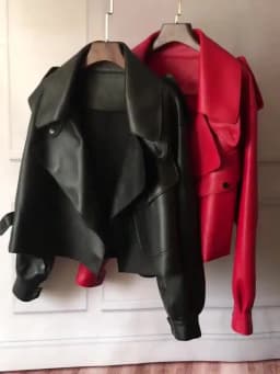 Ailegogo High Street Women Lapel Loose Pu Faux Leather Short Jacket Spring Autumn Female Big Pocket Belt Coat Moto Biker Outwear