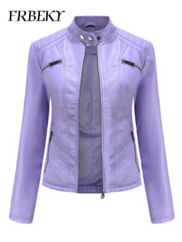 Women coat Autumn New Casual Leather Jacket Standing Collar Long Sleeve Jacket Slim Solid Color Coat Streetwear Zipper Jacket