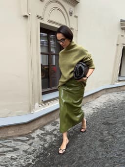 Vintage Green Leather Skirts Jackets Suit Women's Slim Zipper Coat With Pocket Split Skirt 2026 New Winter Autumn Ladies Outwear
