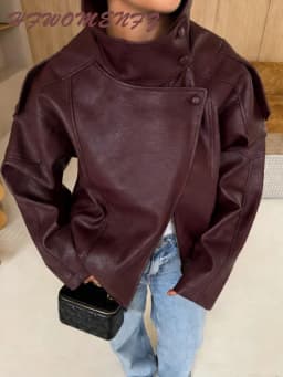 Women Faux Leather Loose Jacket Vintage Stand Collar Zipper Singe Button Long Sleeve Female Coat 2026 Spring Lady Streetwear