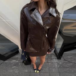 Fashion Women PU Leather Skirts Set Turn-down Collar Double Breasted Waisted Coat Mini Skirt Women High Street Solid Spring Sets