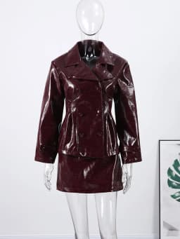 Retro Leather Blazers Short Skirts Suit Women's Stylish Lapel Double-breasted Jackets 2025 New Autumn Winter Ladies Streetwear