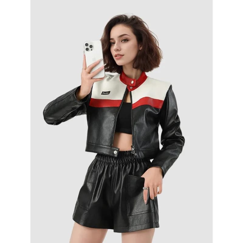 Women's Autumn/Winter Top Coat Imitation Leather Stand-up Collar Short Stripes Zipper Casual Design Fashion New Versatile Skinny