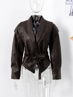 Faux Leather Brown Women Jackets Belt Lace Up Lapel Female Coat 2026 Autumn Vintage Casual Spring Long Sleeve Lady Outwear
