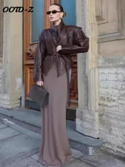 Faux Leather Brown Women Jackets Belt Lace Up Lapel Female Coat 2026 Autumn Vintage Casual Spring Long Sleeve Lady Outwear