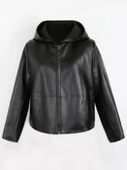Nerazzurri Spring Autumn Black Short Soft Light Pu Leather Jacket Women with Hood Zipper Waterproof Casual Raincoat Clothes 2022
