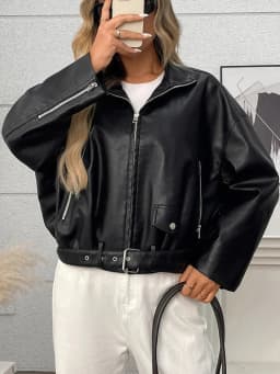 Ailegogo New Spring Autumn Women Moto Biker Black Faux Leather Jacket Streetwear Female Belt Zipper Coat Outwear
