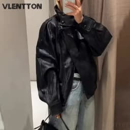2026 New Women Fashion Black Faux Leather Jacket Coat Autumn Winter Casual Loose Zipper Pockets Biker Outerwear Tops Female