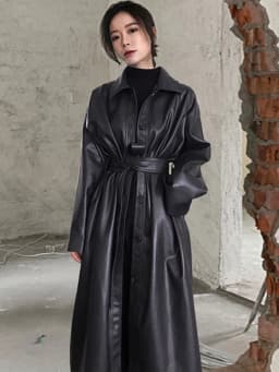 Lautaro Autumn Long Black Cool PU Leather Trench Coat for Women Belt Single Breasted Loose Korean Fashion Wholesale Clothes 2022