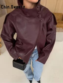 Black Asymmetry Buttons Leather Jackets Women Lapel Long Sleeve Warm Street Jacket 2025 Autumn Winter Lady Thick Outwear New
