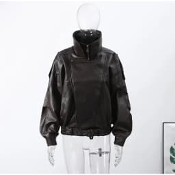 Black Asymmetry Buttons Leather Jackets Women Lapel Long Sleeve Warm Street Jacket 2025 Autumn Winter Lady Thick Outwear New