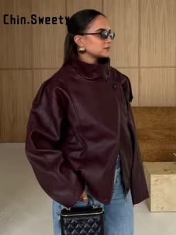 Black Asymmetry Buttons Leather Jackets Women Lapel Long Sleeve Warm Street Jacket 2025 Autumn Winter Lady Thick Outwear New